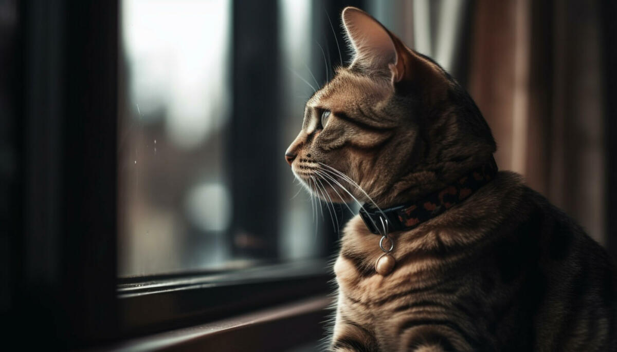 Getiegerte Katze schaut aus dem Fenster